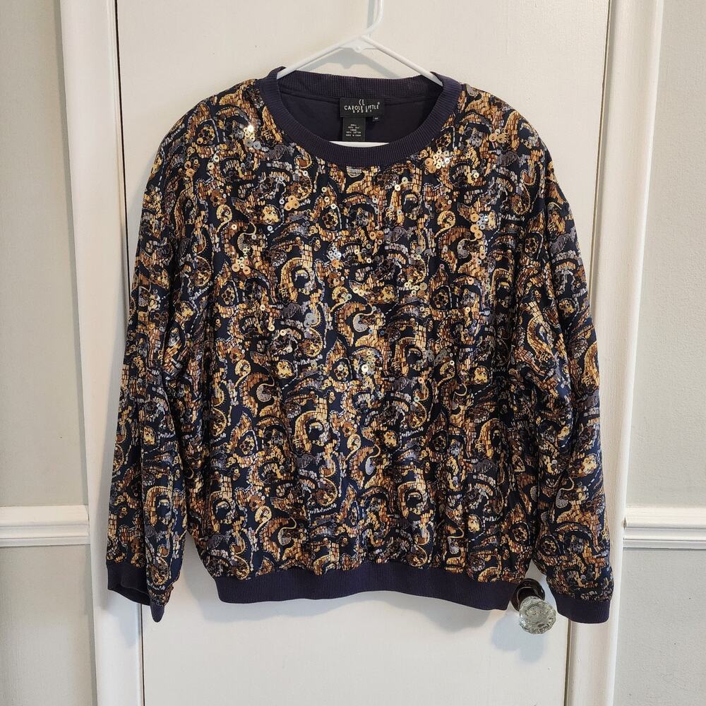 Carole Little Sport Silk Top Women's Sz 10 Gold Sequin Sweatshirt Blue Old Money